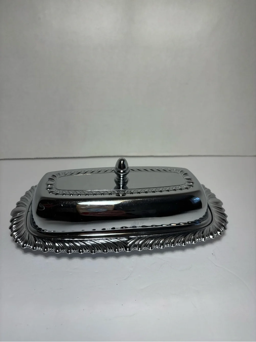 Butter Dish Glass Insert VTG Chromeplated Decorative Finial Lid